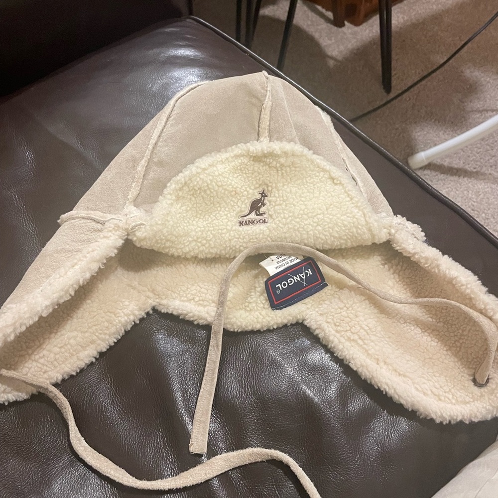 Kangol + Suede Leather Trapper Style Hat with Ear Flaps Beige
